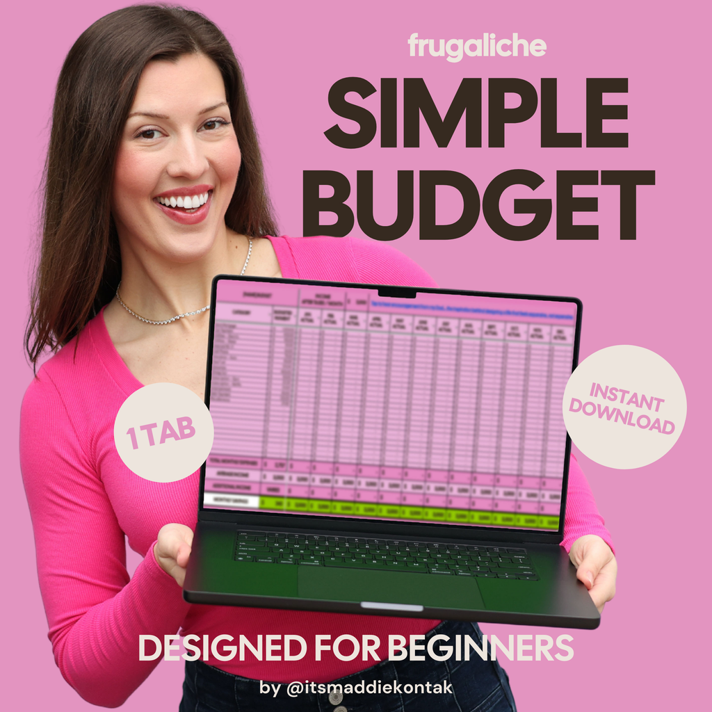 Woman holding a laptop with a budgeting app on a pink background, featuring the brand 'frugaliche'.
