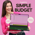 Woman holding a laptop with a budgeting app on a pink background, featuring the brand 'frugaliche'.